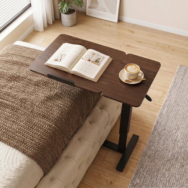 Aeelleea Upgraded Overbed Bedside Desk, Height Adjustable Tilting Laptop Stand, Mobile Rolling Overbed Table for Bed Sofa, Walnut