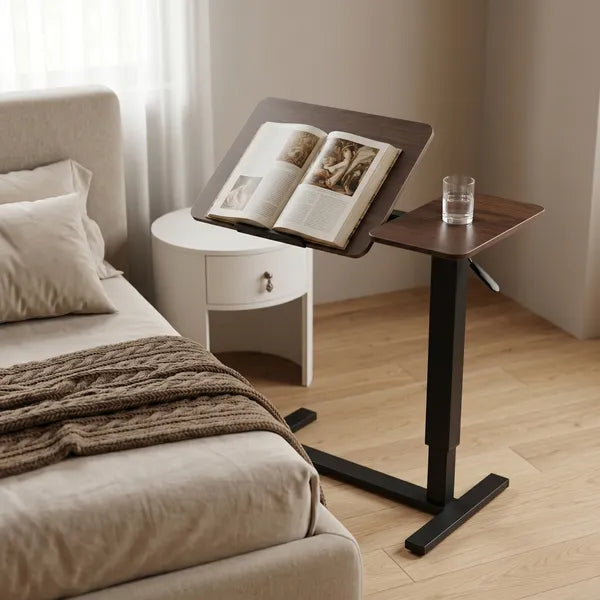 Aeelleea Upgraded Overbed Bedside Desk, Height Adjustable Tilting Laptop Stand, Mobile Rolling Overbed Table for Bed Sofa, Walnut