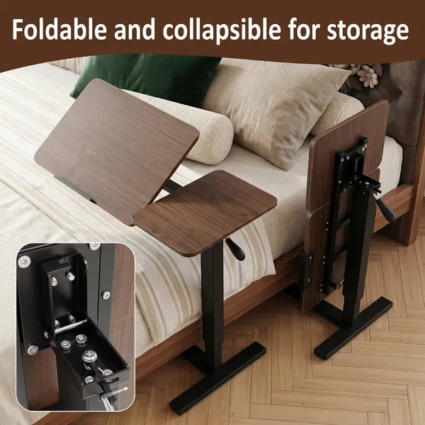 Aeelleea Upgraded Overbed Bedside Desk, Height Adjustable Tilting Laptop Stand, Mobile Rolling Overbed Table for Bed Sofa, Walnut