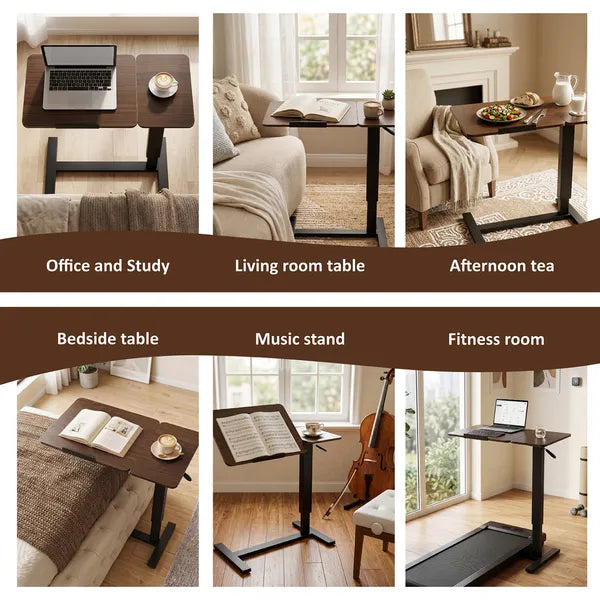 Aeelleea Upgraded Overbed Bedside Desk, Height Adjustable Tilting Laptop Stand, Mobile Rolling Overbed Table for Bed Sofa, Walnut