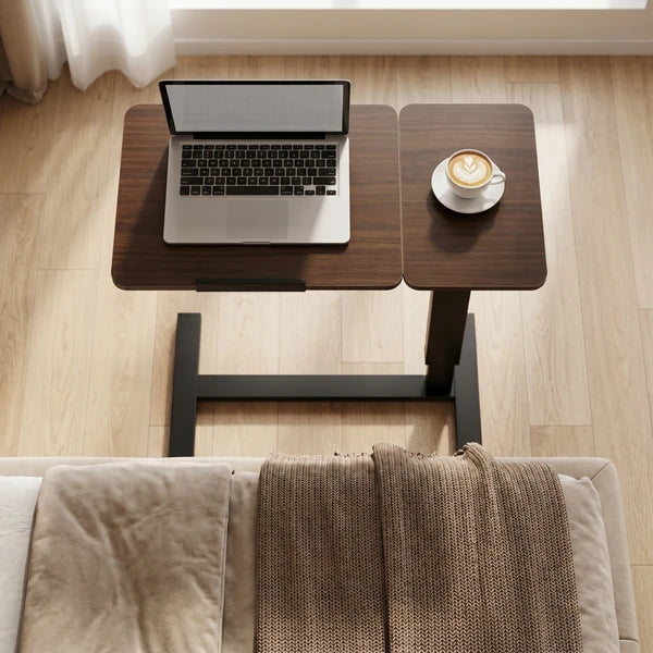 Aeelleea Upgraded Overbed Bedside Desk, Height Adjustable Tilting Laptop Stand, Mobile Rolling Overbed Table for Bed Sofa, Walnut