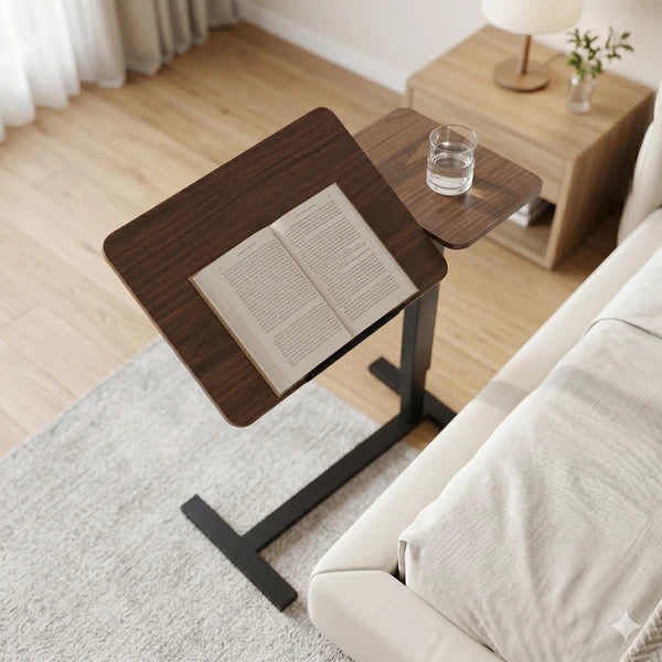 Aeelleea Upgraded Overbed Bedside Desk, Height Adjustable Tilting Laptop Stand, Mobile Rolling Overbed Table for Bed Sofa, Walnut