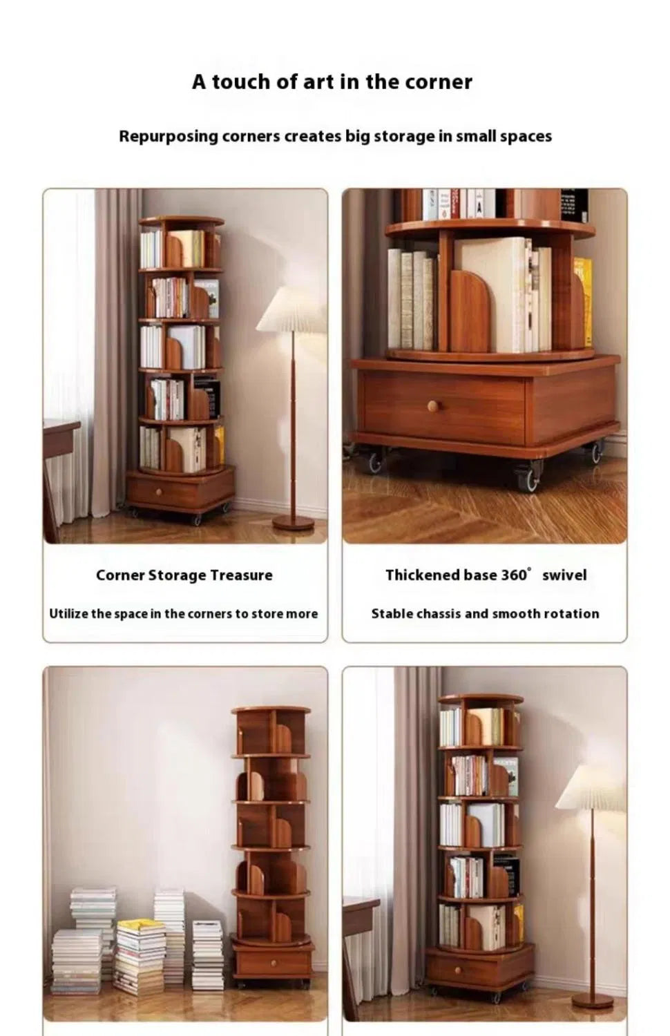 Walnut Brown 360‑Degree Rotating Bookshelf, 6‑Tier Modular Corner Bookcase with Wheels for Small Space Home Storage
