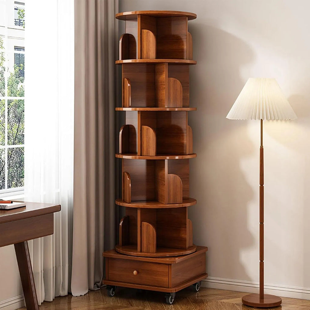 Walnut Brown 360‑Degree Rotating Bookshelf, 6‑Tier Modular Corner Bookcase with Wheels for Small Space Home Storage