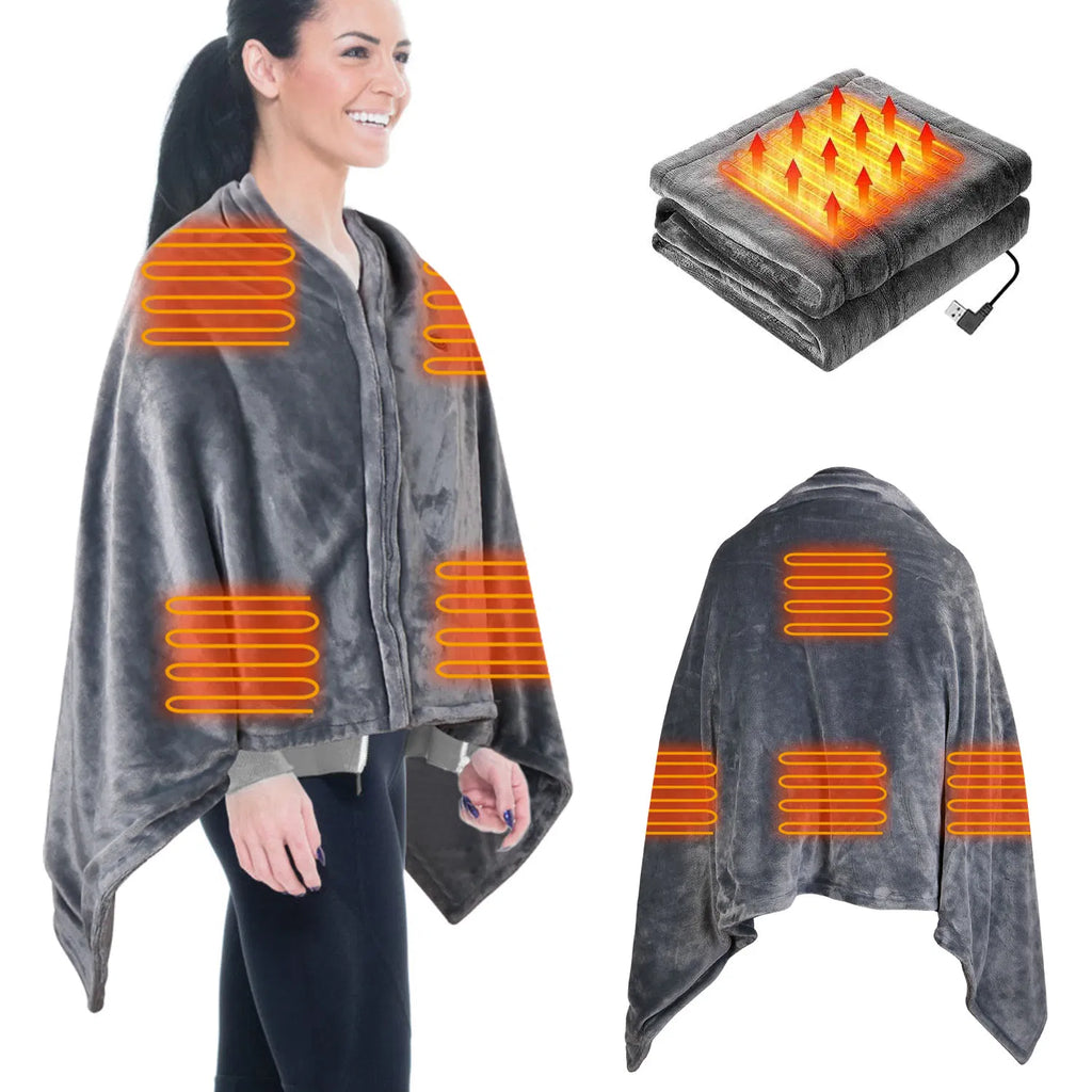 USB Heated Blanket Shawl Wrap, Flannel Electric Heating Poncho with 3 Heat Settings & 8 Heating Zones, Washable Warm Throw for Home Office