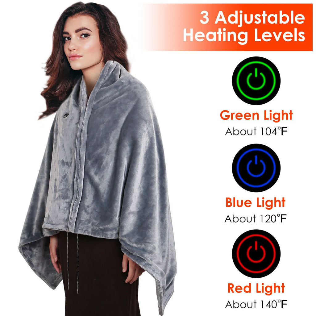 USB Heated Blanket Shawl Wrap, Flannel Electric Heating Poncho with 3 Heat Settings & 8 Heating Zones, Washable Warm Throw for Home Office