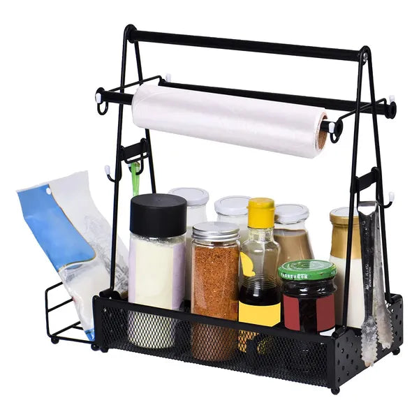 Grill Caddy with Paper Towel Holder, Portable BBQ Spice Rack Organizer with Side Hooks Basket, Heavy Duty Metal Caddy for Outdoor Camping Kitchen Picnic