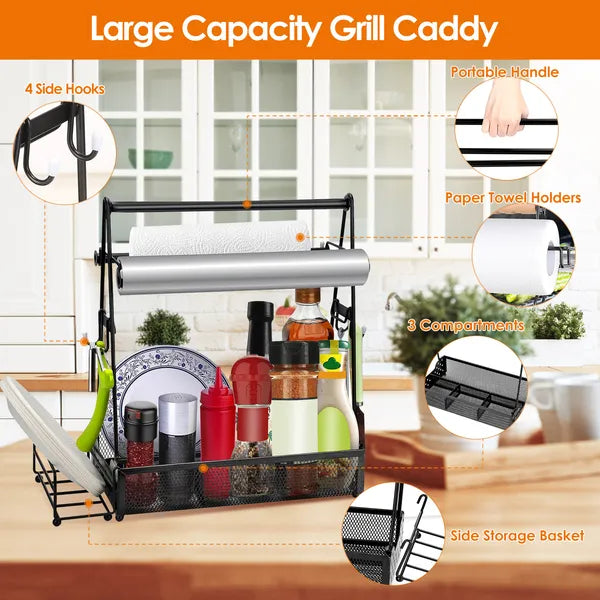Grill Caddy with Paper Towel Holder, Portable BBQ Spice Rack Organizer with Side Hooks Basket, Heavy Duty Metal Caddy for Outdoor Camping Kitchen Picnic