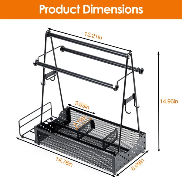 Grill Caddy with Paper Towel Holder, Portable BBQ Spice Rack Organizer with Side Hooks Basket, Heavy Duty Metal Caddy for Outdoor Camping Kitchen Picnic