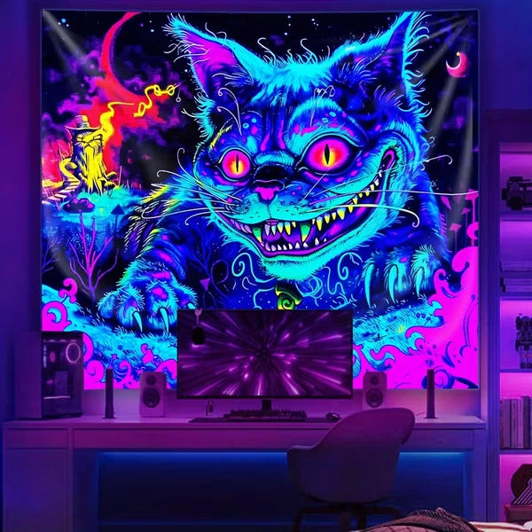 Aeelleea 37x28 in UV Reactive Blacklight Tapestry, Fierce Giant Cat Neon Wall Hanging for Bedroom Living Room Dorm