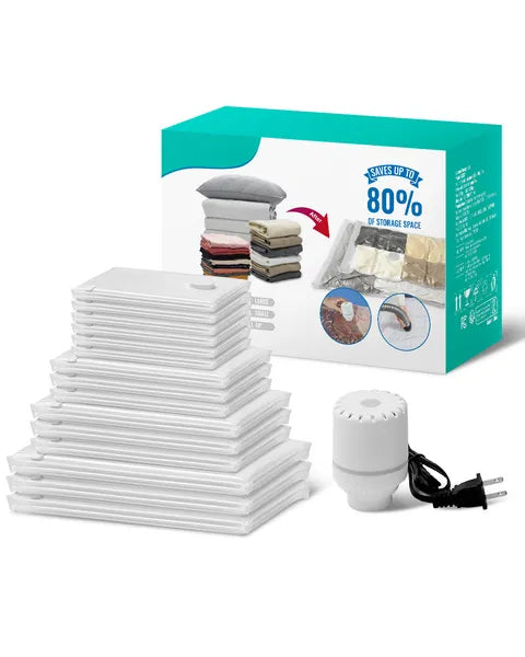 15 Pack Vacuum Storage Bags with Electric Pump, Space Saver Compression Bags, Airtight Zipper for Clothes, Bedding, Blankets & Travel