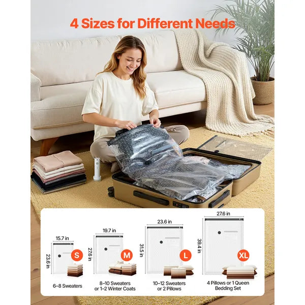 Aeelleea 26 Pack Vacuum Storage Bags, Space Saver PA PE Compression Bags for Clothes, with Pump & Cable, Double Zipper Bags for Travel Luggage