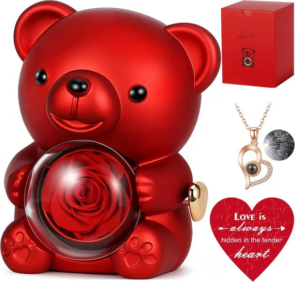Aeelleea Valentine Teddy Bear with Preserved Rose & Hidden Necklace Rotating Box, Romantic Eternal Rose Gift for Her Birthday Anniversary Wedding ****