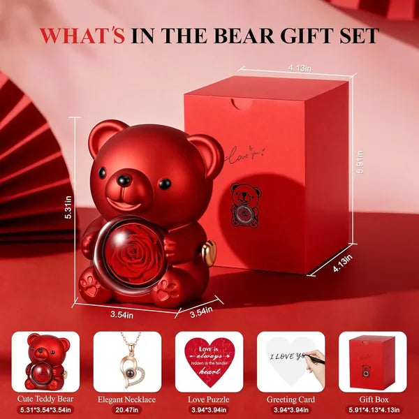 Aeelleea Valentine Teddy Bear with Preserved Rose & Hidden Necklace Rotating Box, Romantic Eternal Rose Gift for Her Birthday Anniversary Wedding ****