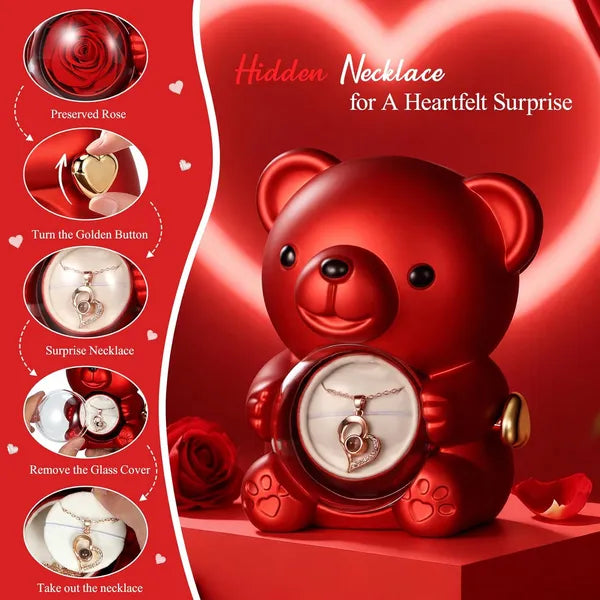 Aeelleea Valentine Teddy Bear with Preserved Rose & Hidden Necklace Rotating Box, Romantic Eternal Rose Gift for Her Birthday Anniversary Wedding ****