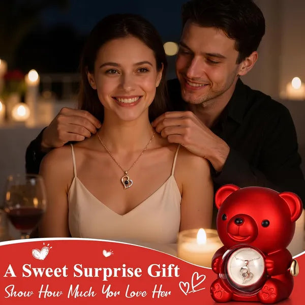 Aeelleea Valentine Teddy Bear with Preserved Rose & Hidden Necklace Rotating Box, Romantic Eternal Rose Gift for Her Birthday Anniversary Wedding ****