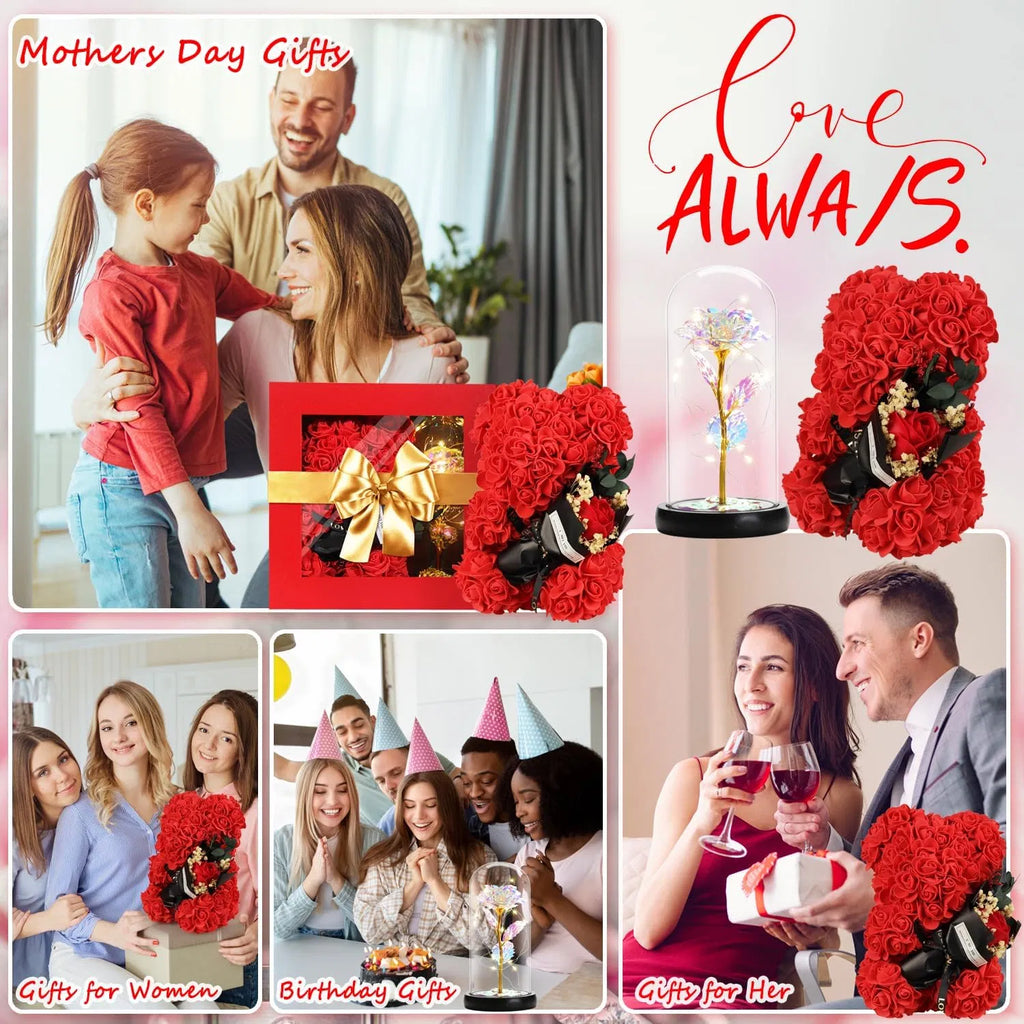 Valentine's Day Gifts for Her, Rose Bear & Light Up Rainbow Rose in Glass Dome Gift Set, Forever Artificial Rose Teddy Bear with Greeting Card for Mom Wife Girlfriend Anniversary Birthday