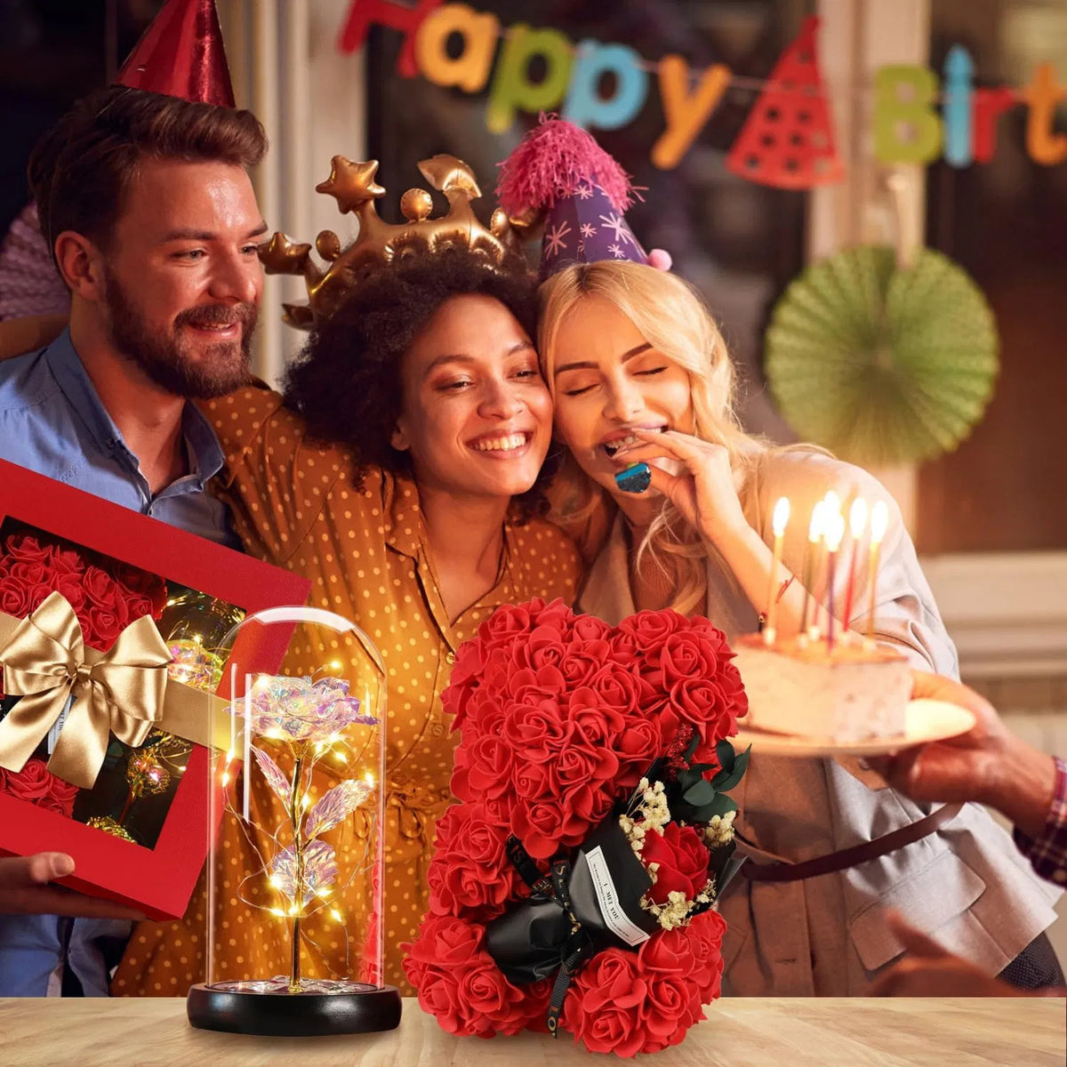 Valentine's Day Gifts for Her, Rose Bear & Light Up Rainbow Rose in Glass Dome Gift Set, Forever Artificial Rose Teddy Bear with Greeting Card for Mom Wife Girlfriend Anniversary Birthday