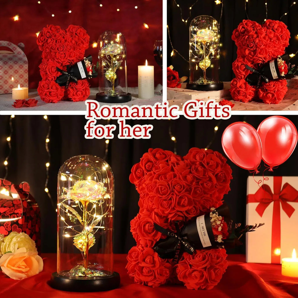 Valentine's Day Gifts for Her, Rose Bear & Light Up Rainbow Rose in Glass Dome Gift Set, Forever Artificial Rose Teddy Bear with Greeting Card for Mom Wife Girlfriend Anniversary Birthday