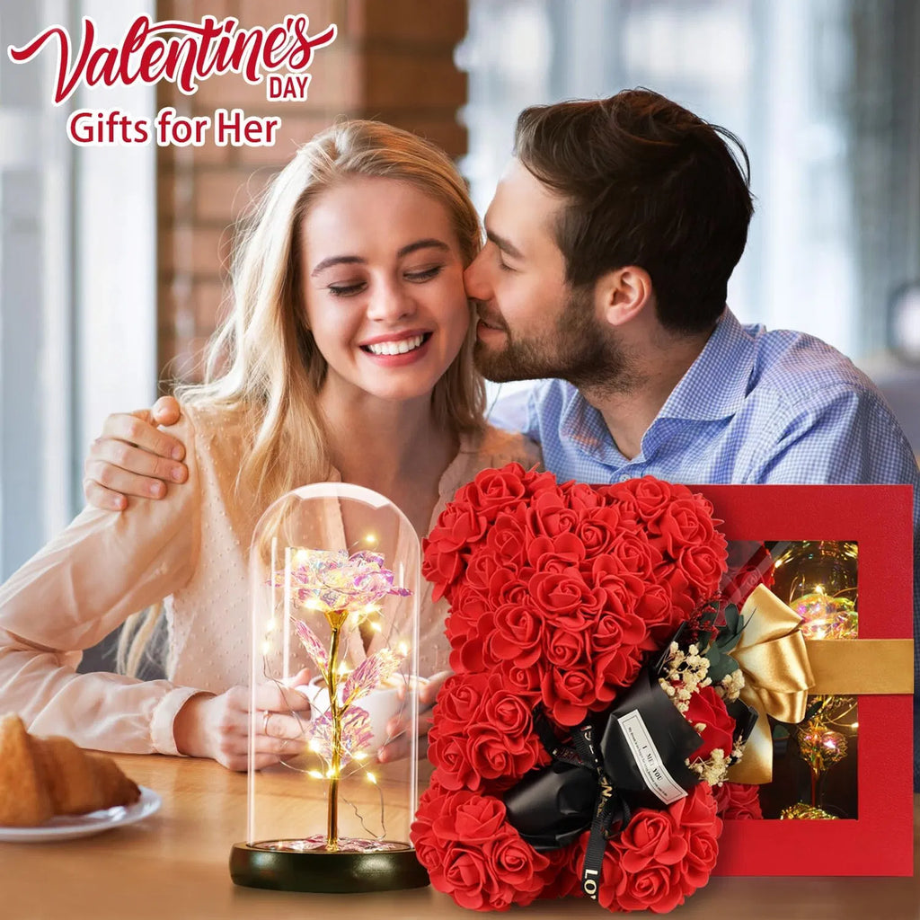 Valentine's Day Gifts for Her, Rose Bear & Light Up Rainbow Rose in Glass Dome Gift Set, Forever Artificial Rose Teddy Bear with Greeting Card for Mom Wife Girlfriend Anniversary Birthday