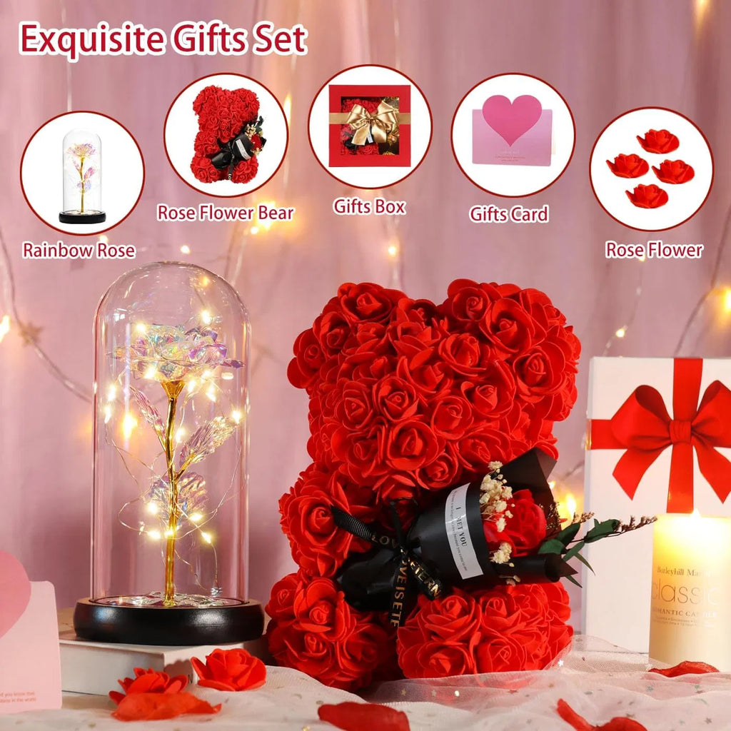 Valentine's Day Gifts for Her, Rose Bear & Light Up Rainbow Rose in Glass Dome Gift Set, Forever Artificial Rose Teddy Bear with Greeting Card for Mom Wife Girlfriend Anniversary Birthday