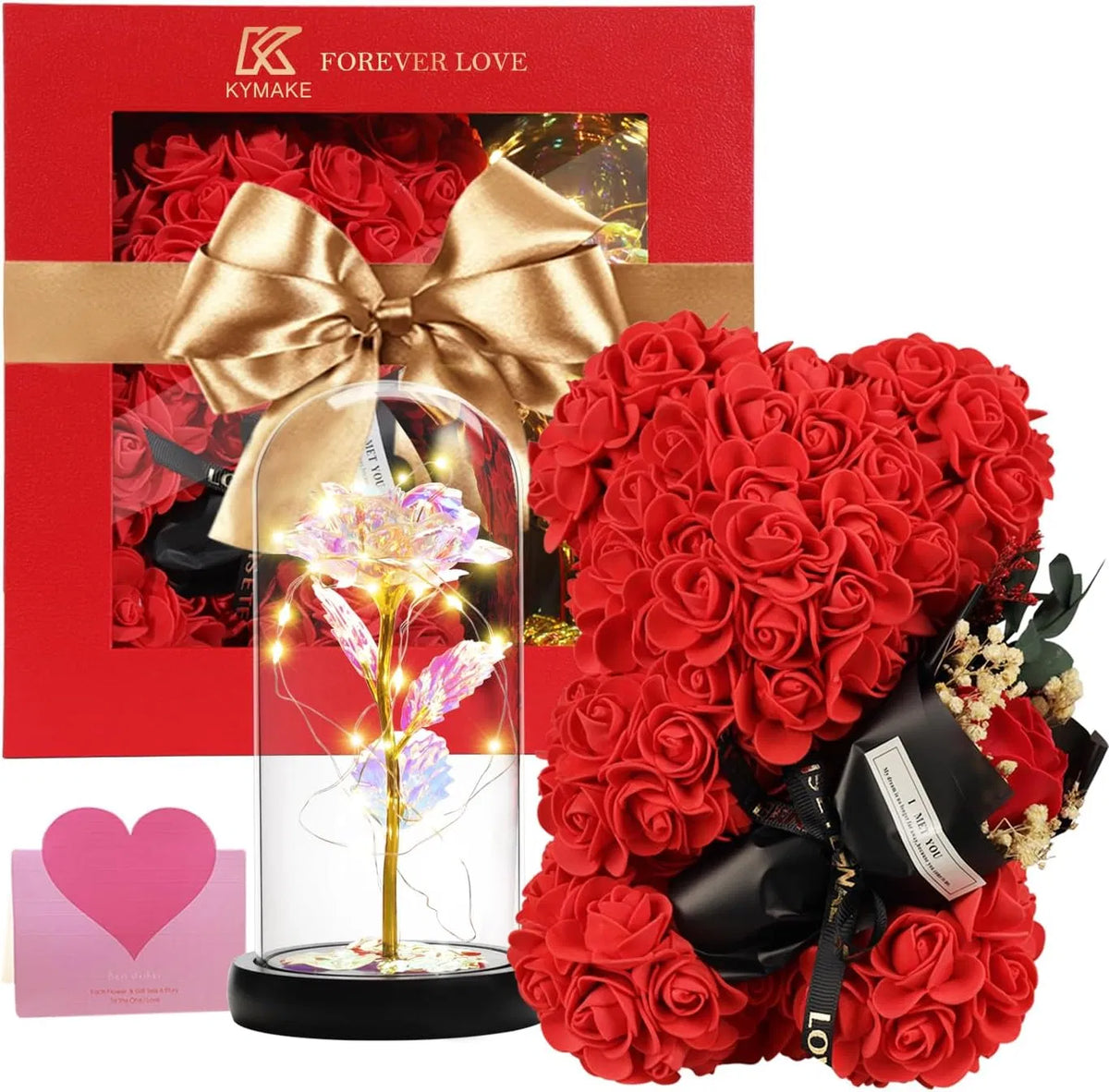 Valentine's Day Gifts for Her, Rose Bear & Light Up Rainbow Rose in Glass Dome Gift Set, Forever Artificial Rose Teddy Bear with Greeting Card for Mom Wife Girlfriend Anniversary Birthday