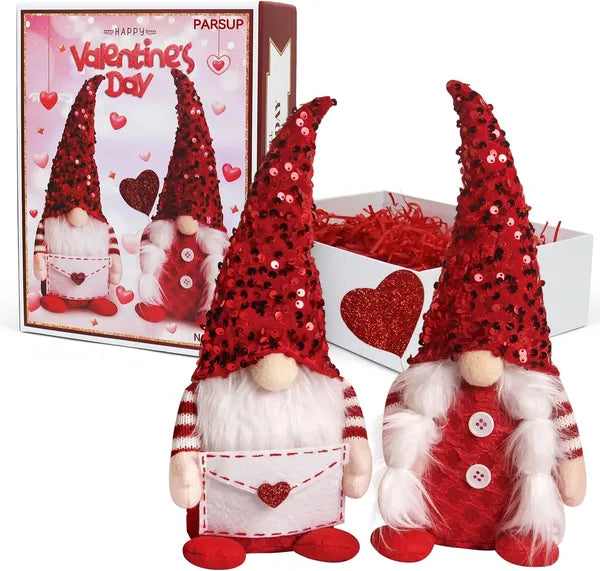 Valentines Day Sequin Hat Gnome Decor Set 2 Piece Love Letter Heart Balloon Table Fireplace Shelf Gift Box Included