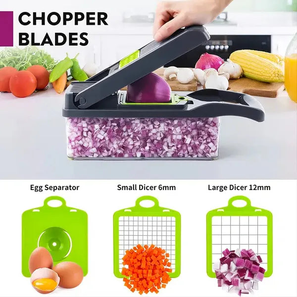 13-in-1 Vegetable Chopper with Container, Stainless Steel Blades, Grater & French Fry Cutter