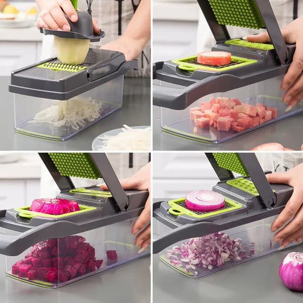 13-in-1 Vegetable Chopper with Container, Stainless Steel Blades, Grater & French Fry Cutter
