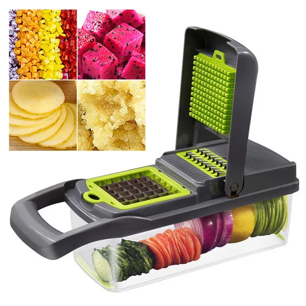 13-in-1 Vegetable Chopper with Container, Stainless Steel Blades, Grater & French Fry Cutter