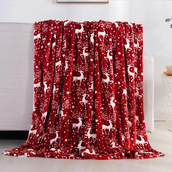 Aeelleea Velvet Touch Christmas Fleece Throw Blanket, 50"x60" Ultra Plush Reindeer Stars Holiday Printed Cozy Blanket for Sofa Couch