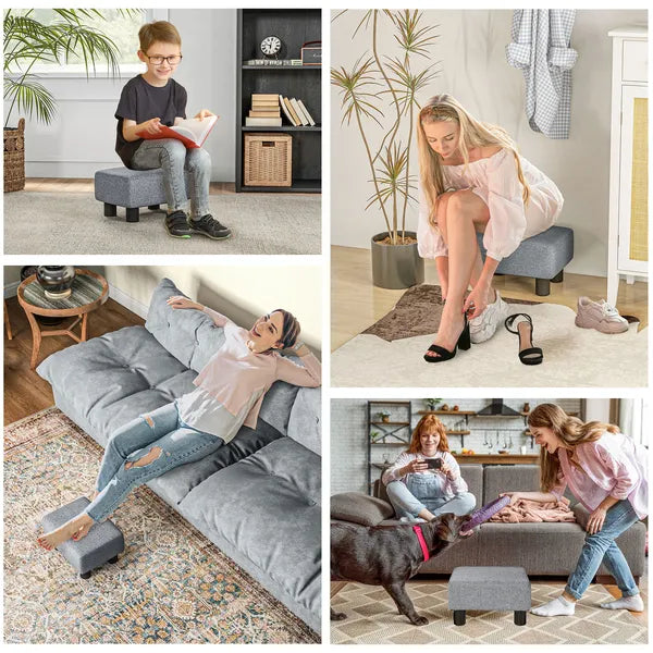 16 Inch Grey Linen Cube Ottoman Foot Stool, Multifunctional Decorative Footrest for Living Room Bedroom Entryway