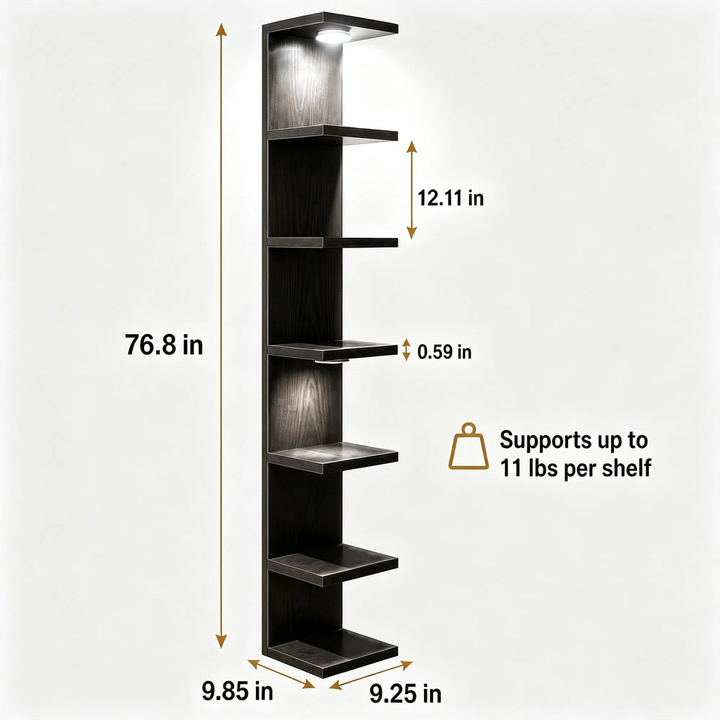Black 7‑Tier Wall Mounted Shelf with LED Light and Remote, Narrow Vertical Wall Display Storage Unit for Home Decor
