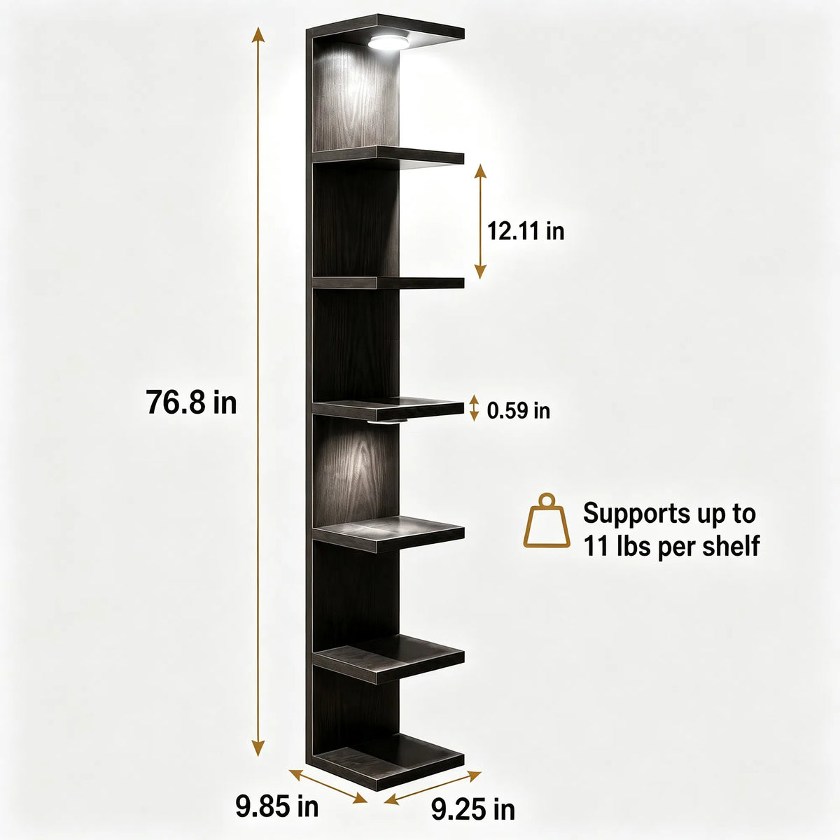 Black 7‑Tier Wall Mounted Shelf with LED Light and Remote, Narrow Vertical Wall Display Storage Unit for Home Decor