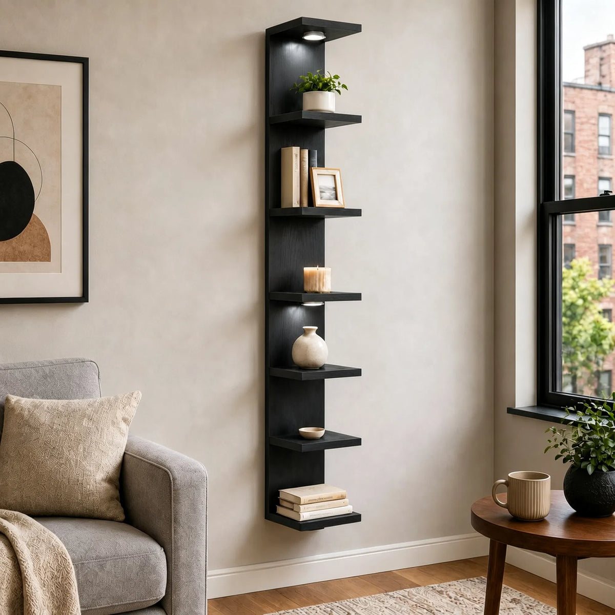 Black 7‑Tier Wall Mounted Shelf with LED Light and Remote, Narrow Vertical Wall Display Storage Unit for Home Decor