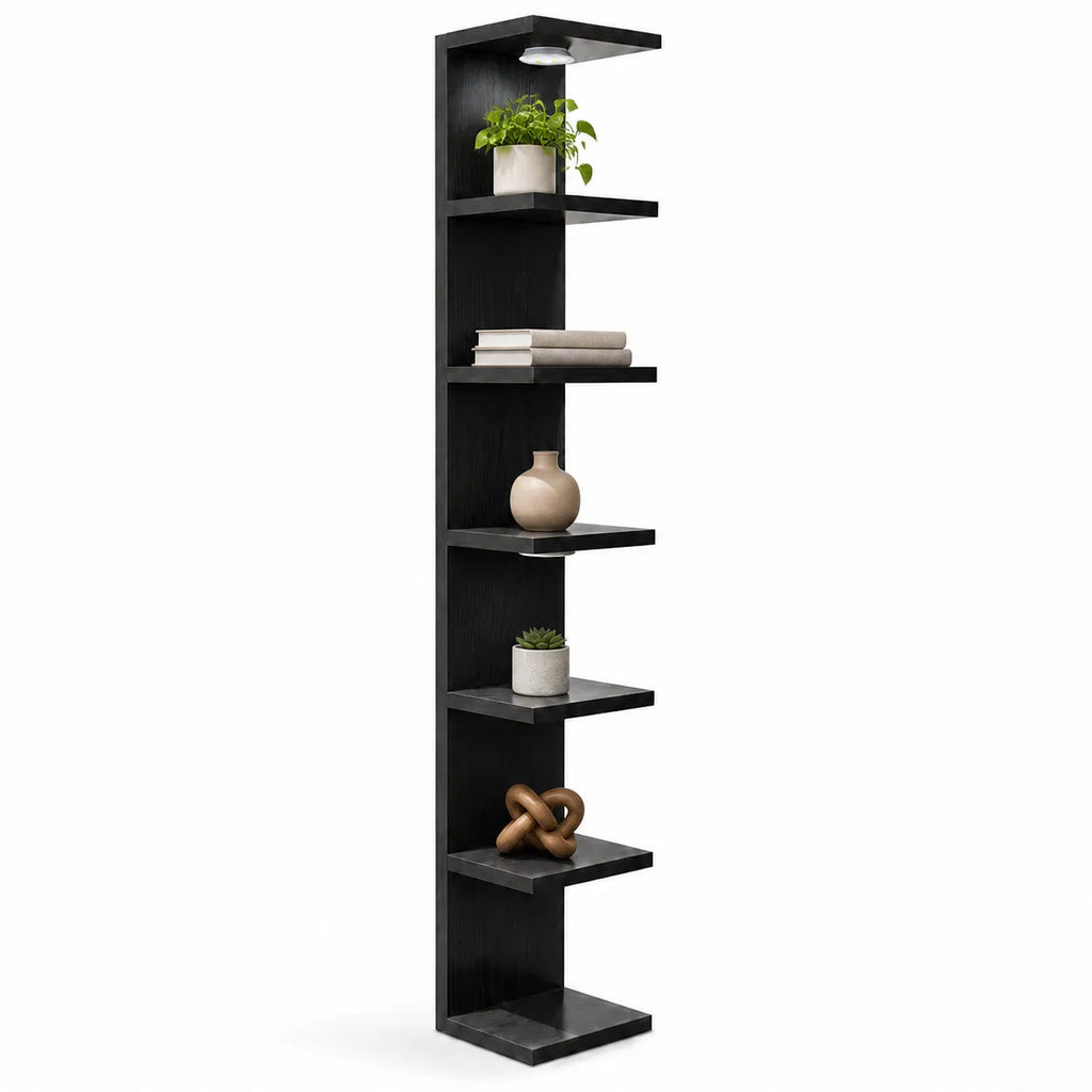 Black 7‑Tier Wall Mounted Shelf with LED Light and Remote, Narrow Vertical Wall Display Storage Unit for Home Decor