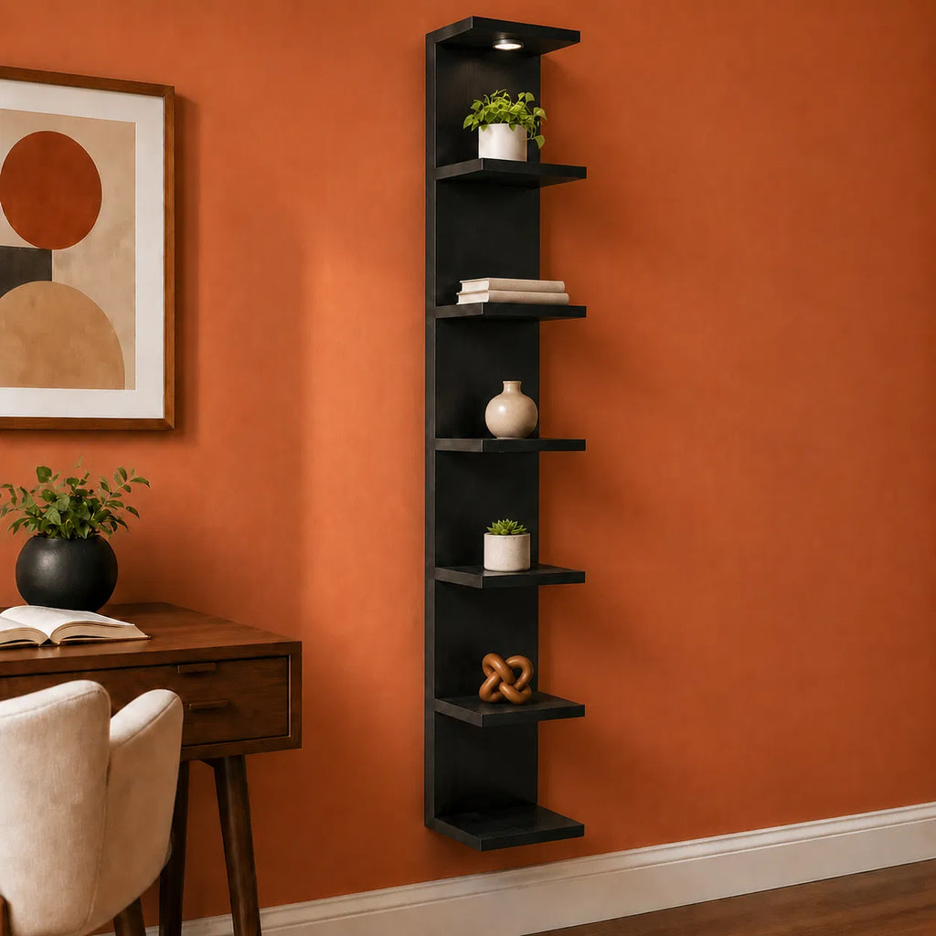 Black 7‑Tier Wall Mounted Shelf with LED Light and Remote, Narrow Vertical Wall Display Storage Unit for Home Decor