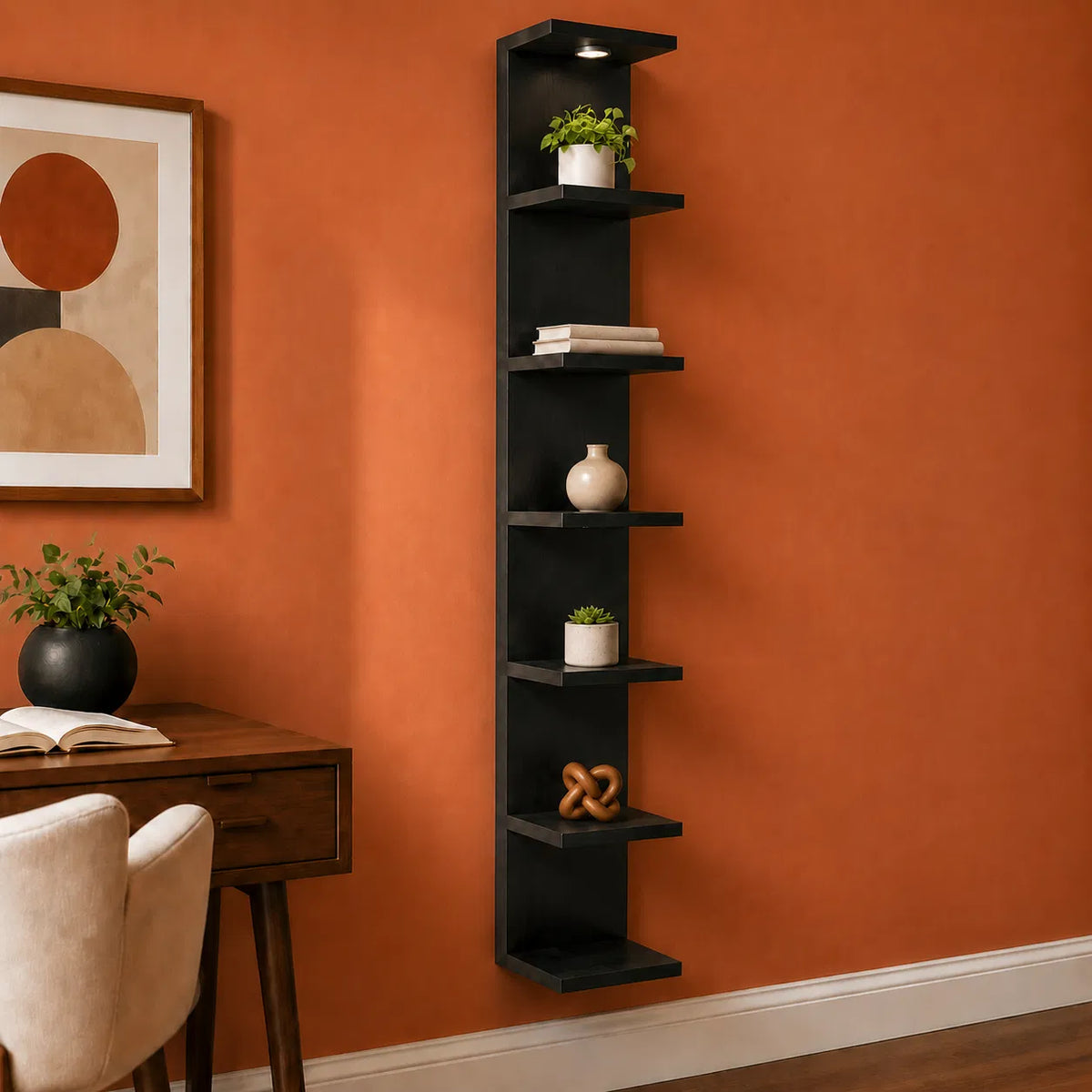 Black 7‑Tier Wall Mounted Shelf with LED Light and Remote, Narrow Vertical Wall Display Storage Unit for Home Decor