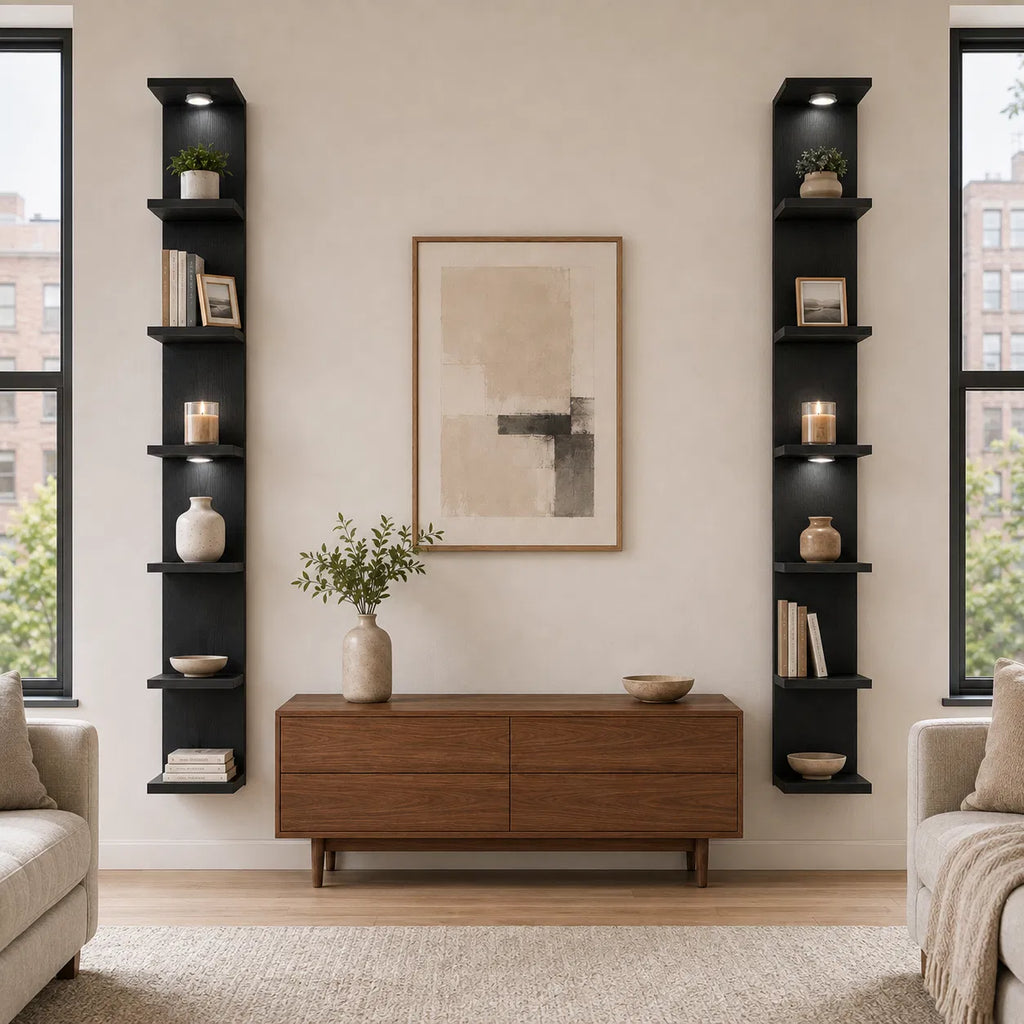 Black 7‑Tier Wall Mounted Shelf with LED Light and Remote, Narrow Vertical Wall Display Storage Unit for Home Decor