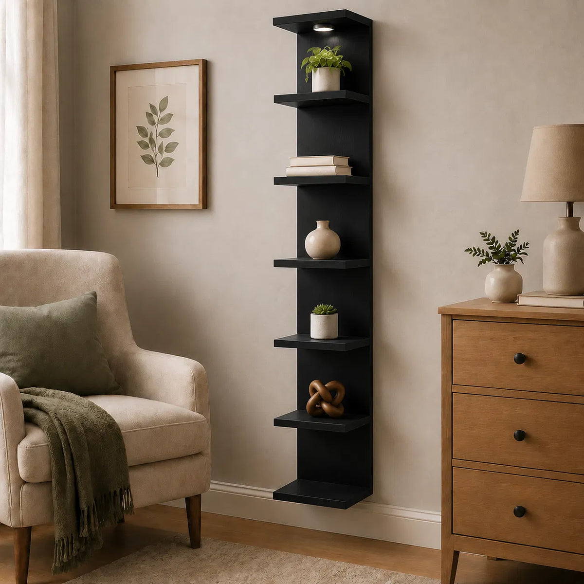 Black 7‑Tier Wall Mounted Shelf with LED Light and Remote, Narrow Vertical Wall Display Storage Unit for Home Decor