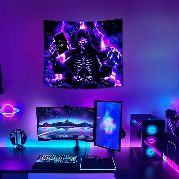 Aeelleea 70x91 in UV Reactive Skull Poker King Tapestry, Neon Skeleton Gaming Wall Hanging for Game Room