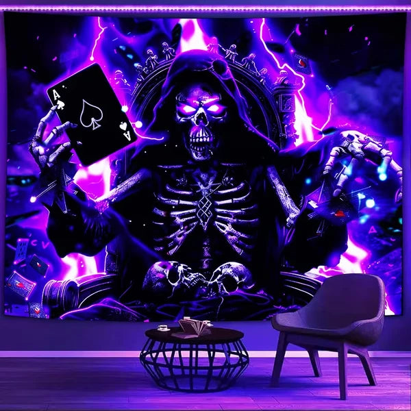 Aeelleea 39x59 in UV Reactive Skull Poker King Tapestry, Neon Skeleton Gaming Wall Hanging for Game Room Bedroom ****