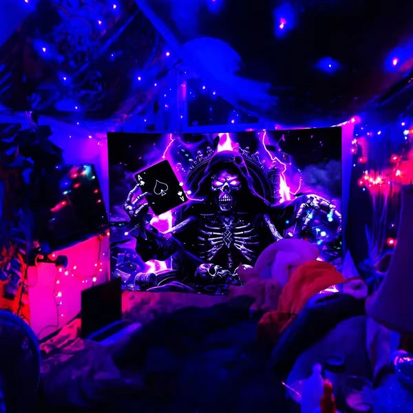 Aeelleea 70x91 in UV Reactive Skull Poker King Tapestry, Neon Skeleton Gaming Wall Hanging for Game Room