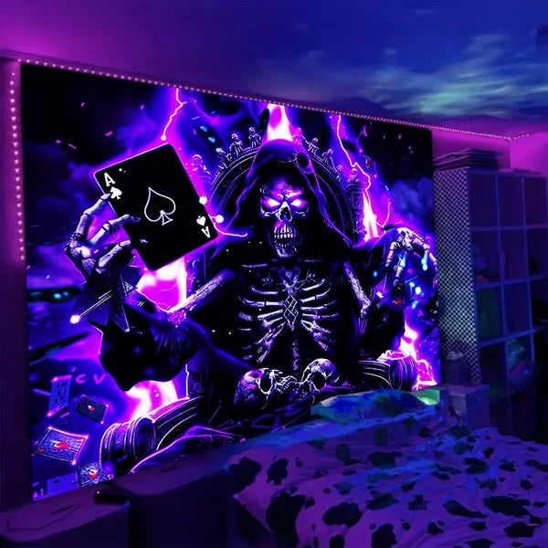 Aeelleea 39x59 in UV Reactive Skull Poker King Tapestry, Neon Skeleton Gaming Wall Hanging for Game Room Bedroom ****