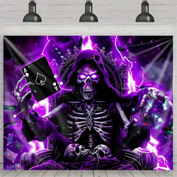 Aeelleea 70x91 in UV Reactive Skull Poker King Tapestry, Neon Skeleton Gaming Wall Hanging for Game Room
