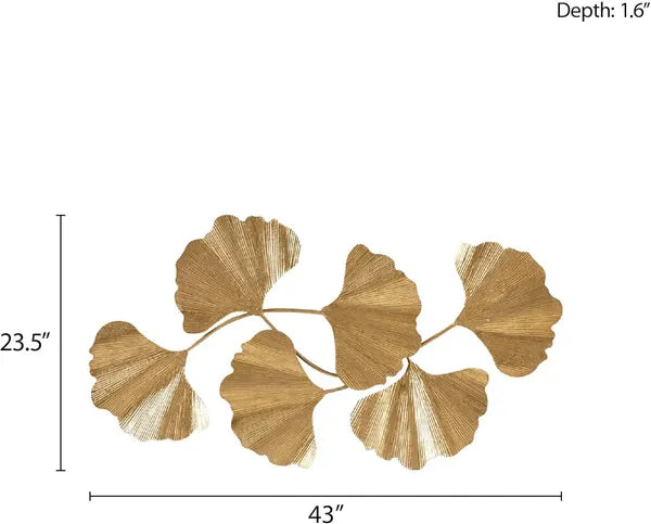 Aeelleea Metal Ginkgo Leaf Wall Decor 43×23.5×1.6 Inch, Golden Large Wall Art, Modern Hanging Wall Sculpture for Living Room Bedroom Bathroom