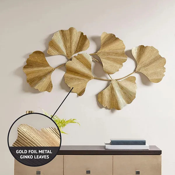 Aeelleea Metal Ginkgo Leaf Wall Decor 43×23.5×1.6 Inch, Golden Large Wall Art, Modern Hanging Wall Sculpture for Living Room Bedroom Bathroom