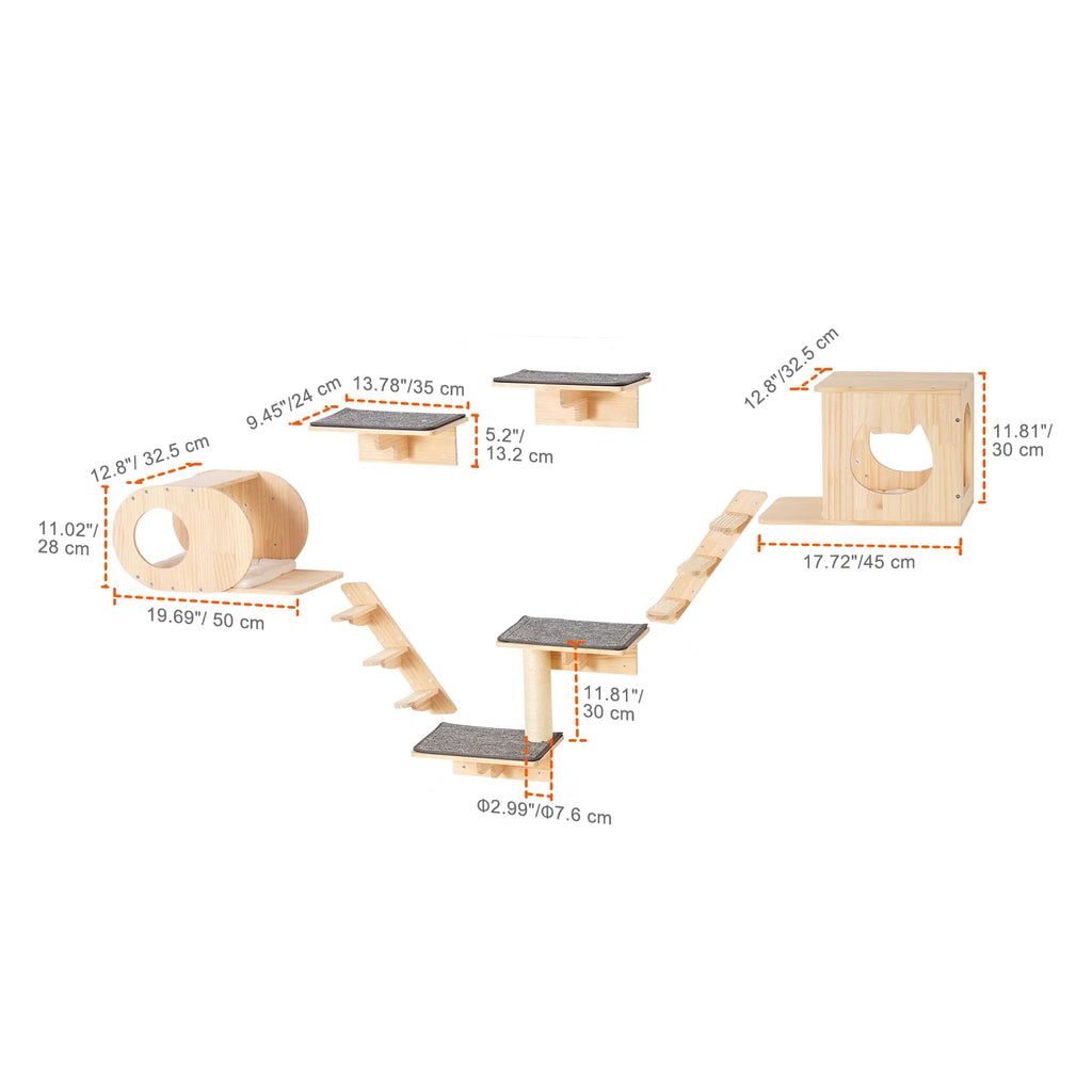 Set of 7 Wall‑Mounted Cat Shelves Perches, Wall Cat Furniture with Jumping Boards, Cat Bed & Hammock, Holds Up to 40 Lbs