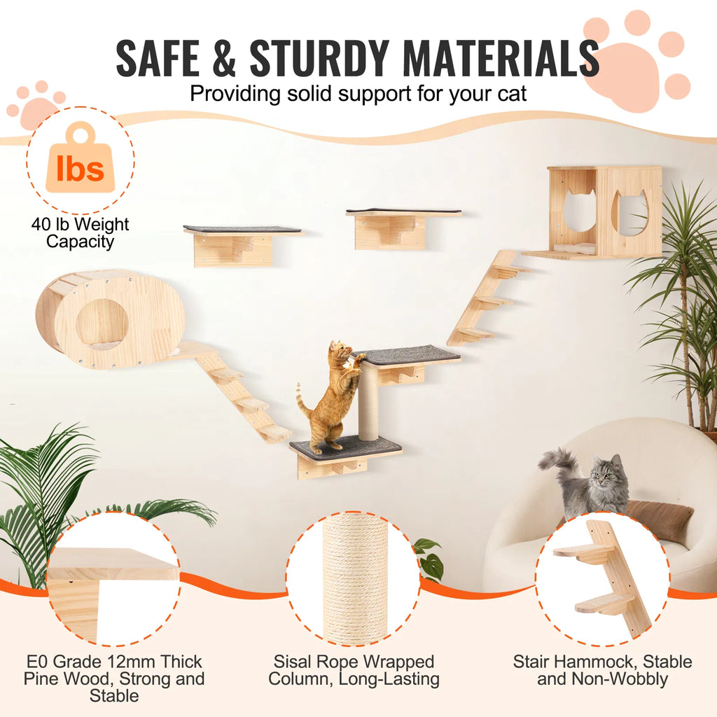 Set of 7 Wall‑Mounted Cat Shelves Perches, Wall Cat Furniture with Jumping Boards, Cat Bed & Hammock, Holds Up to 40 Lbs