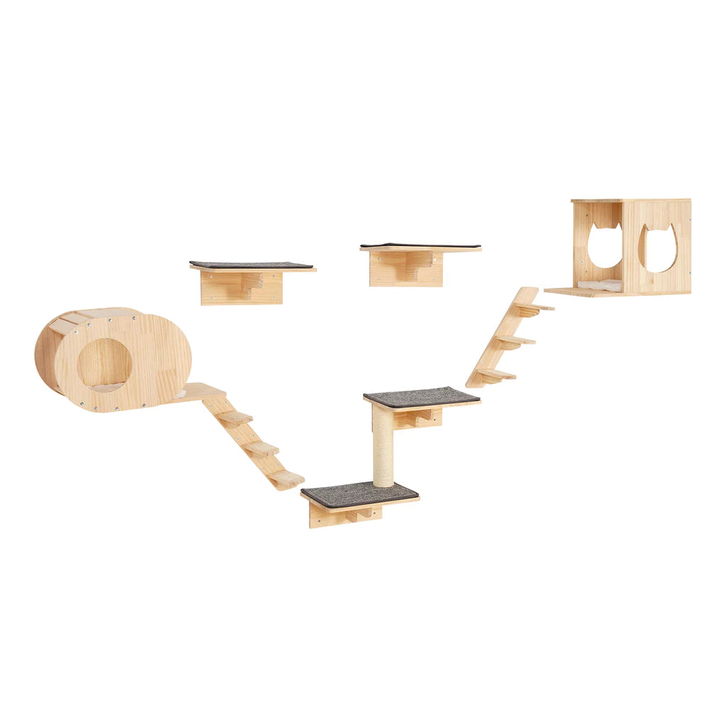 Set of 7 Wall‑Mounted Cat Shelves Perches, Wall Cat Furniture with Jumping Boards, Cat Bed & Hammock, Holds Up to 40 Lbs